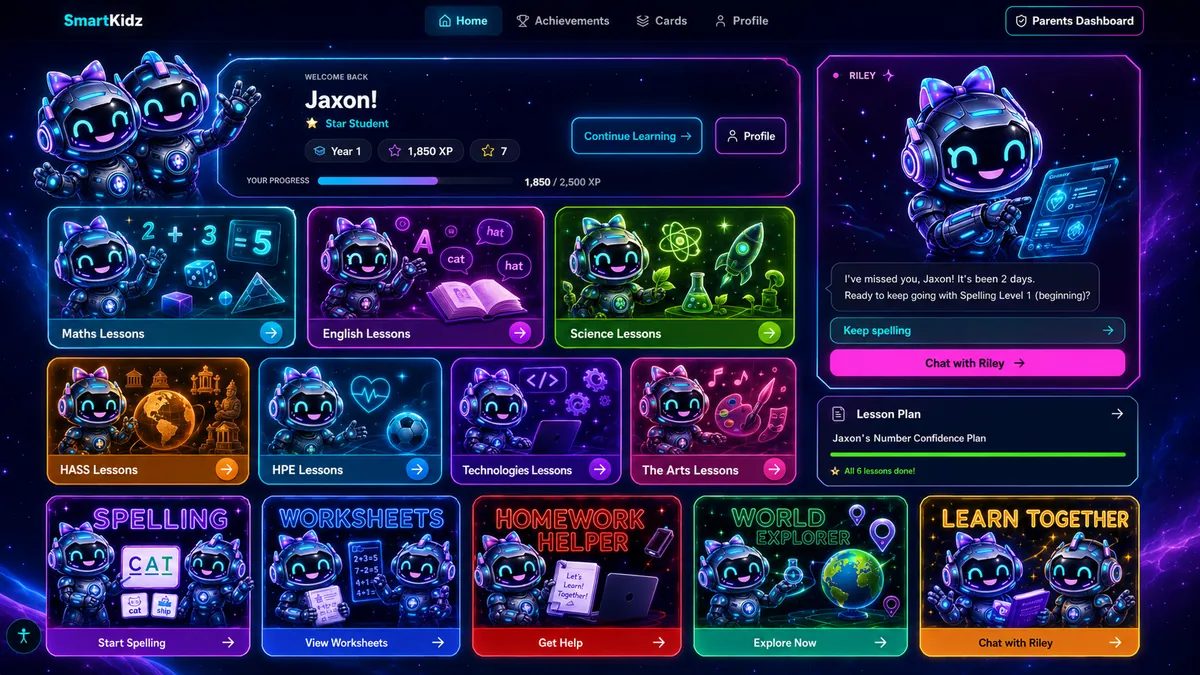 A child’s SmartKidz dashboard with all of their learning features