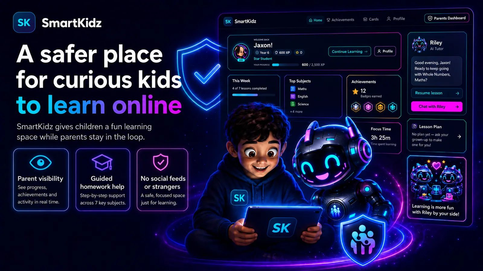A child learning with Riley, the SmartKidz AI learning buddy