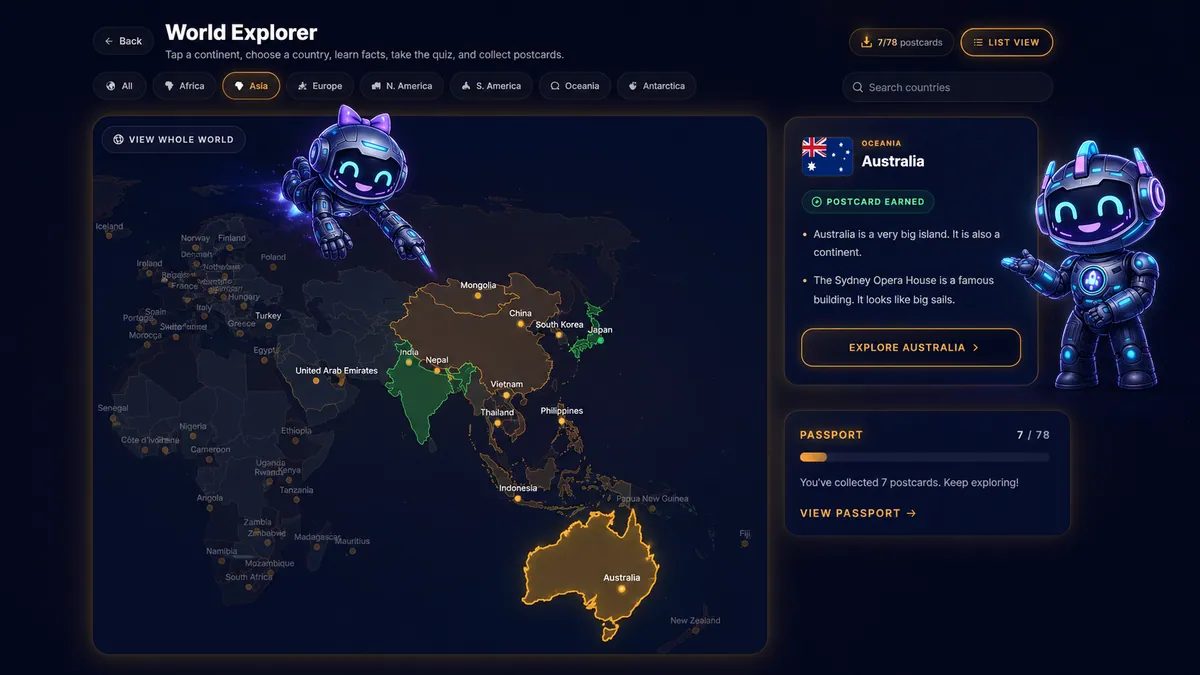 The interactive World Explorer globe a child can click to explore countries